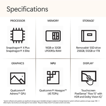 Microsoft Surface Laptop (2024), Windows 11 Copilot+ PC, 15" Touchscreen Display, Snapdragon X Elite (12 core), 16GB RAM, 1TB SSD Storage, Platinum