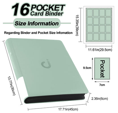 Premium Card Binder 16 Pocket - Fits 1600 Cards，4X4 Ringless Card Album with Sleeves for Trading Cards & Sports Cards（Model C，Asakusa Green）