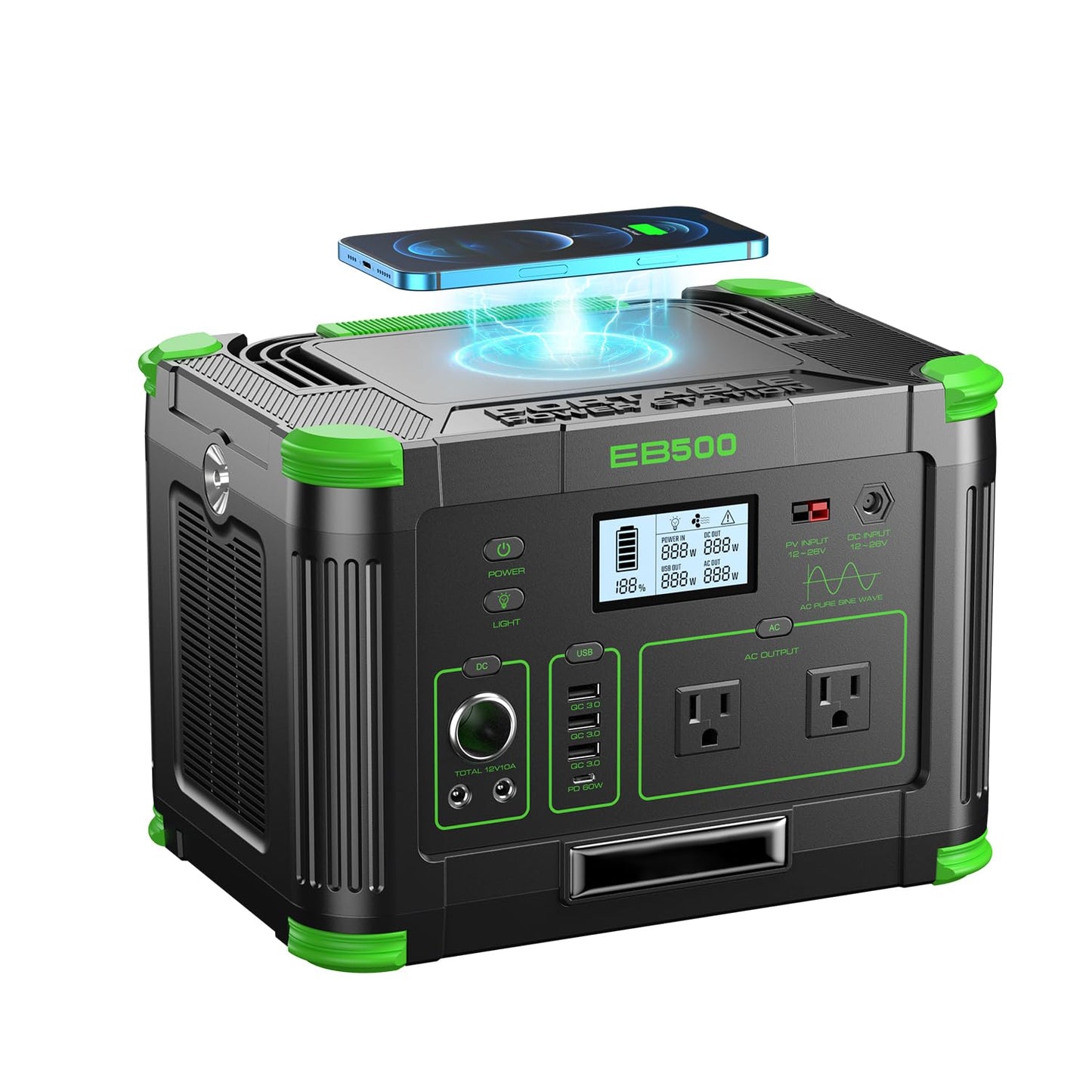 Portable Power Station 500W, 519Wh Solar Generator with 2x110V AC Outlets & USB-C PD 60W, 10-Port Power Bank with Wireless Charger for Outdoors Camping Travel Home Blackout