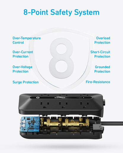 Anker Flat Plug Power Strip 300J, USB C Power Strip, 10-in-1 Ultra Thin Power Strip with 6 AC, 2 USB A and 2 USB C Ports,5feet Extension Cord, Desk Charging Station,Home Office College Dorm - Black