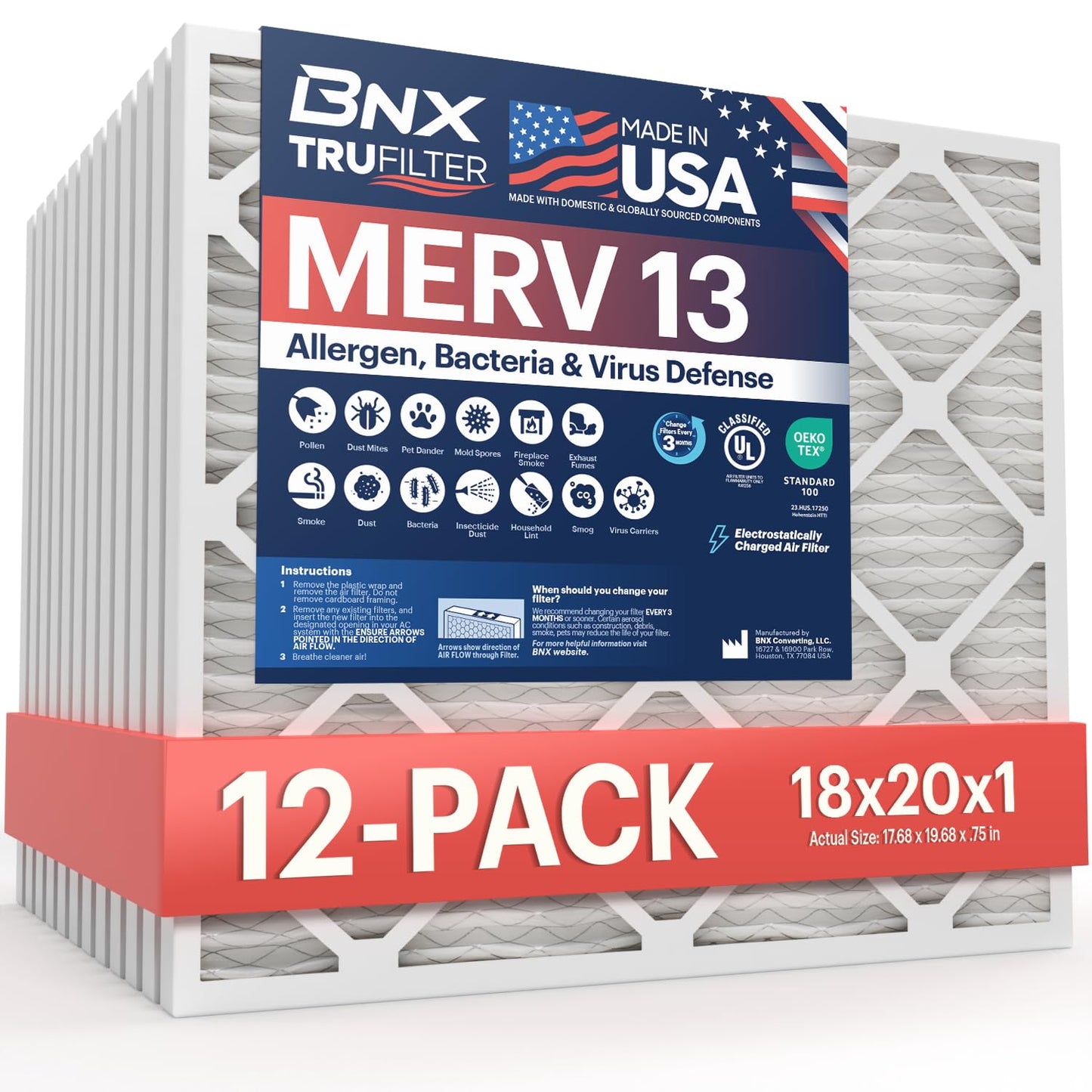 BNX TruFilter 18x20x1 Air Filter MERV 13 (12-Pack) - MADE IN USA - Electrostatic Pleated Air Conditioner HVAC AC Furnace Filters for Allergies, Pollen, Mold, Bacteria, Smoke, Allergen, MPR 1900 FPR 10