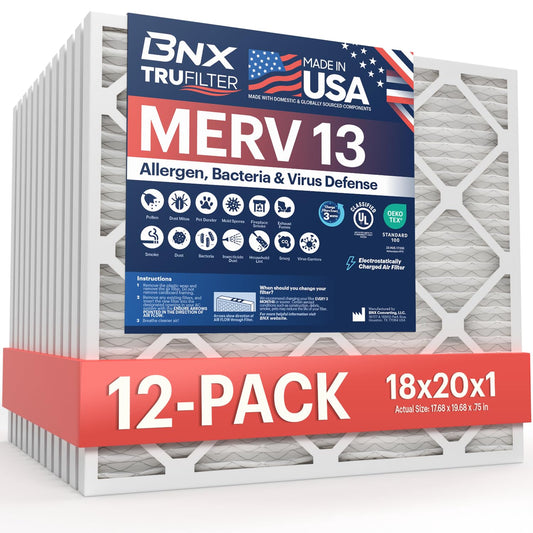 BNX TruFilter 18x20x1 Air Filter MERV 13 (12-Pack) - MADE IN USA - Electrostatic Pleated Air Conditioner HVAC AC Furnace Filters for Allergies, Pollen, Mold, Bacteria, Smoke, Allergen, MPR 1900 FPR 10