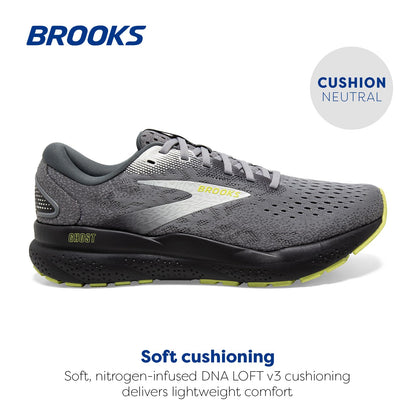 Brooks Men’s Ghost 16 Neutral Running Shoe - Primer/Grey/Lime - 9 Medium