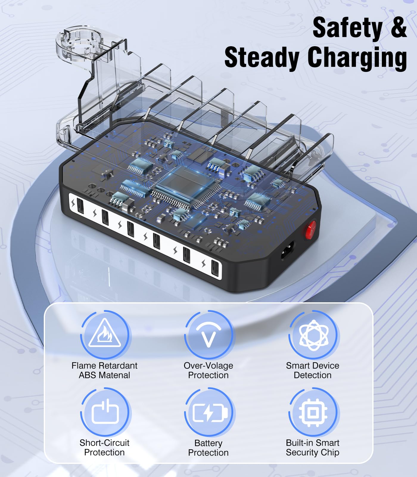 Charging Station for Multiple Devices: 6 Port USB Charger Stations - Family Multi-Device Organizer Charging Dock - Safer Designed for iPhone iPad Android Cell Phone Tablet(6 Cables Included)