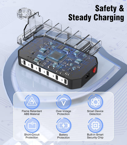 Charging Station for Multiple Devices: 6 Port USB Charger Stations - Family Multi-Device Organizer Charging Dock - Safer Designed for iPhone iPad Android Cell Phone Tablet(6 Cables Included)