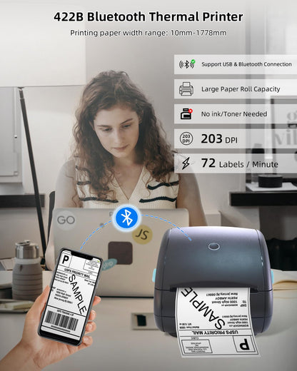 BORN4SHIP Thermal Label Printer 4x6, Bluetooth Shipping Label Printer for Small Businesses, with Built-in Paper Holder, Compatible with Amazon Shopify USPS