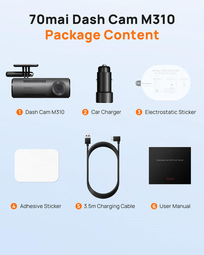 70mai Dash Cam M310, Dash Camera for Cars 1296P QHD, Smart Dash Cam Front Built in WiFi, 130° Wide-Angle FOV, WDR, Night Vision, iOS/Android Mobile App, Loop Recording, Parking Monitor, Time-Lapse