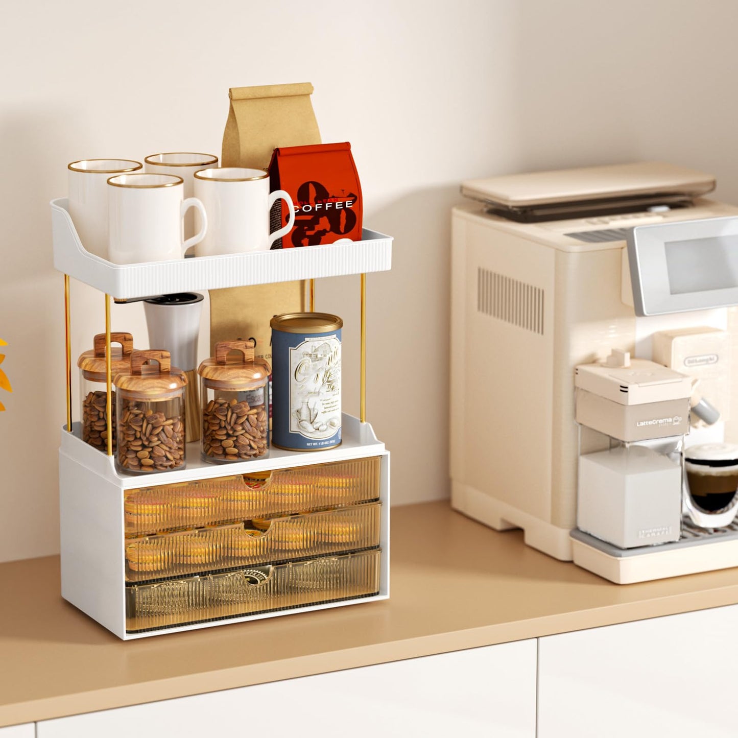 StorBin 3 Large Drawers Makeup Organizer - 5 Tier Bathroom Counter Organizers and Storage, Versatile Perfume Vanity Organizer, Ideal for Cosmetic, Large Skincare, Face Mask, Office Supplies, Amber