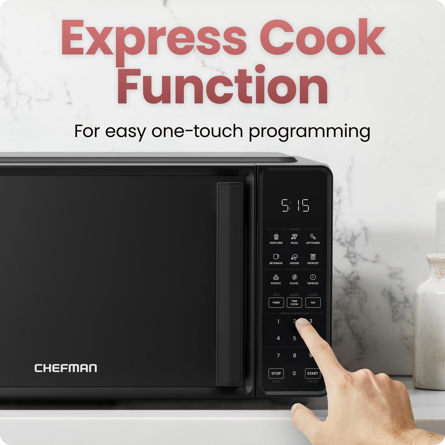 Chefman Countertop Microwave Oven 0.7 Cu. Ft., 700 Watts with 10 Power Levels, 6 Cooking Presets with One-Touch Express Cook, Eco Mode, Child Safety Lock, & Mute Button - Black