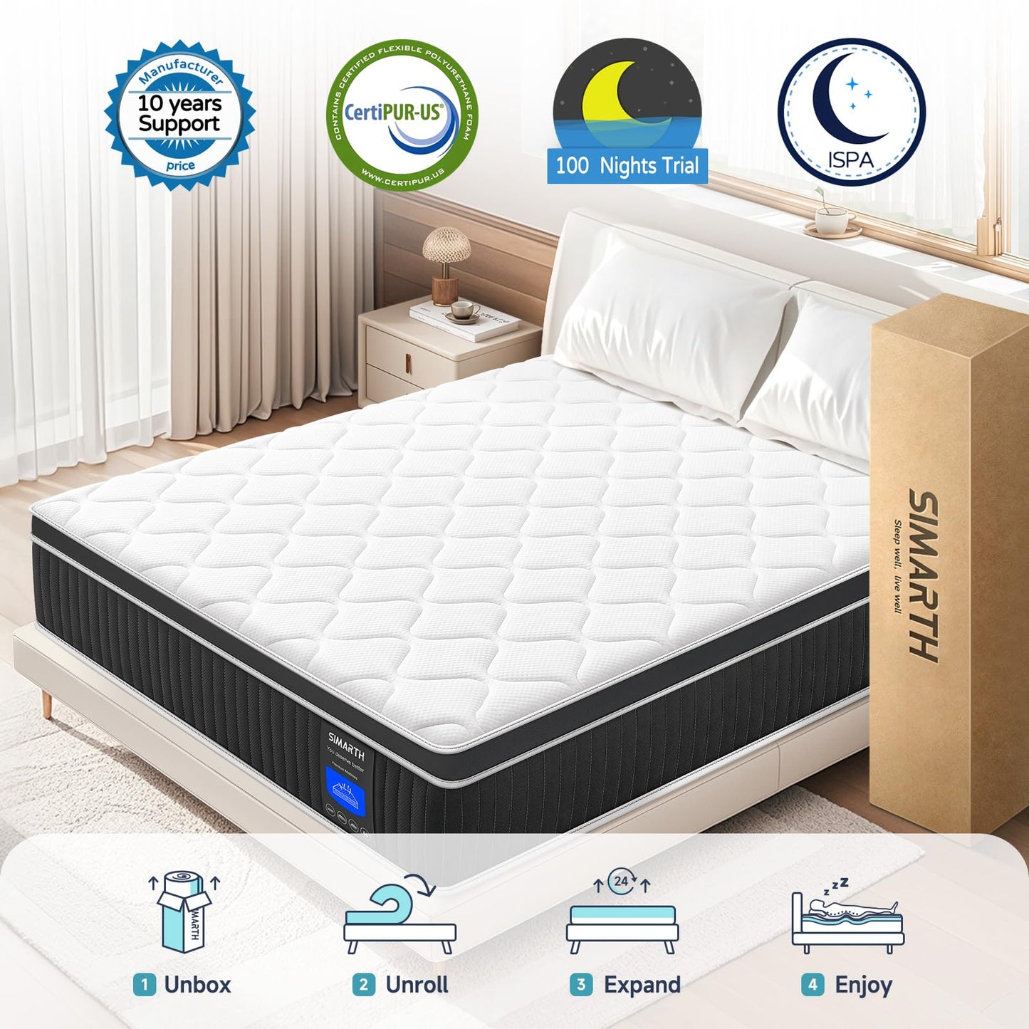 SIMARTH 14 Inch Queen Mattress, Upgrade Strengthen Queen Size Hybrid Mattresses in a Box, Gel Memory Foam Queen Mattress with Motion Isolation & Pressure Relief, Strong Edge Support, Medium Firm