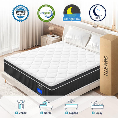 SIMARTH 14 Inch Queen Mattress, Upgrade Strengthen Queen Size Hybrid Mattresses in a Box, Gel Memory Foam Queen Mattress with Motion Isolation & Pressure Relief, Strong Edge Support, Medium Firm