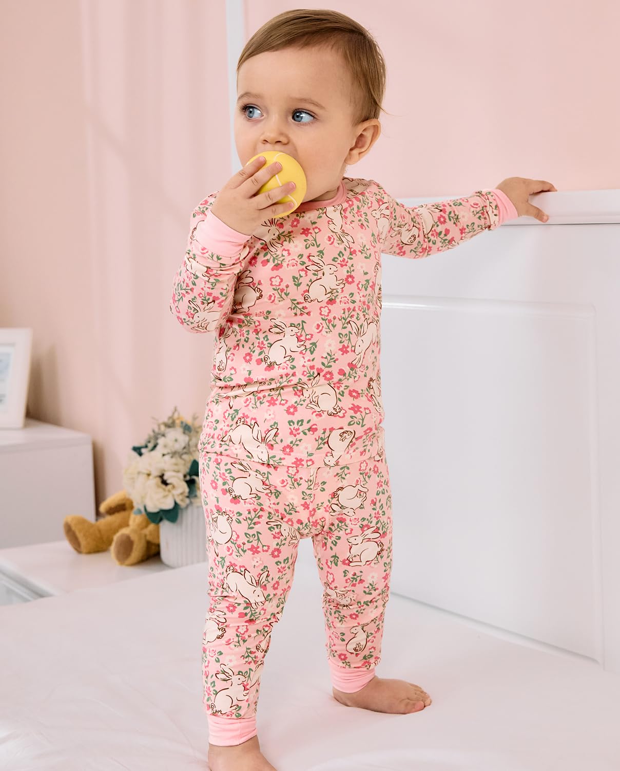 babee Reshinee Bamboo Viscose Toddler Girls Kids Pajama Sets 2-3T Snug fit Long-Sleeve Softness Sleepwear Pjs 2pcs Jammies Floral Bunny