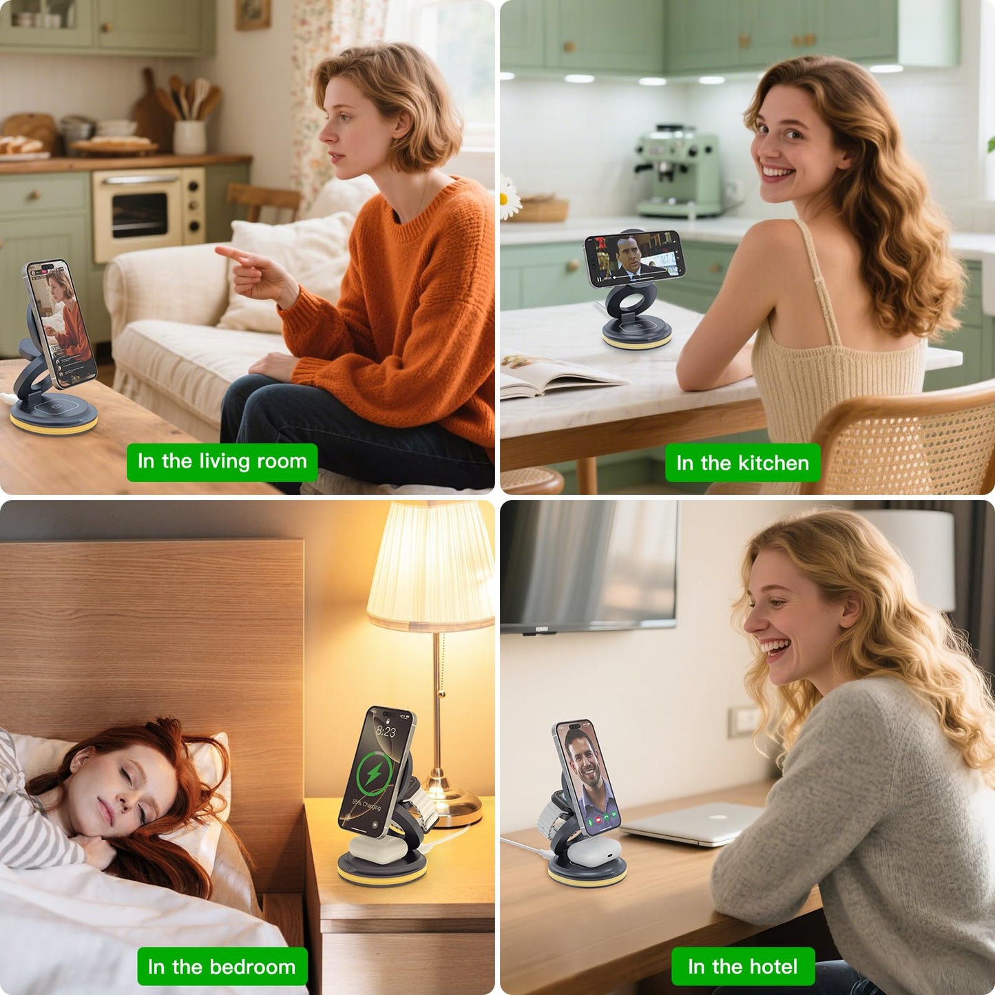 ZealSound 3-in-1 Foldable Magnetic Wireless Charger Stand – 15W Fast Charge with Night Light & Includes 30W Adapter, Portable Charging Pad for iPhone, Apple Watch & AirPods 2/3, Home, Office, Travel