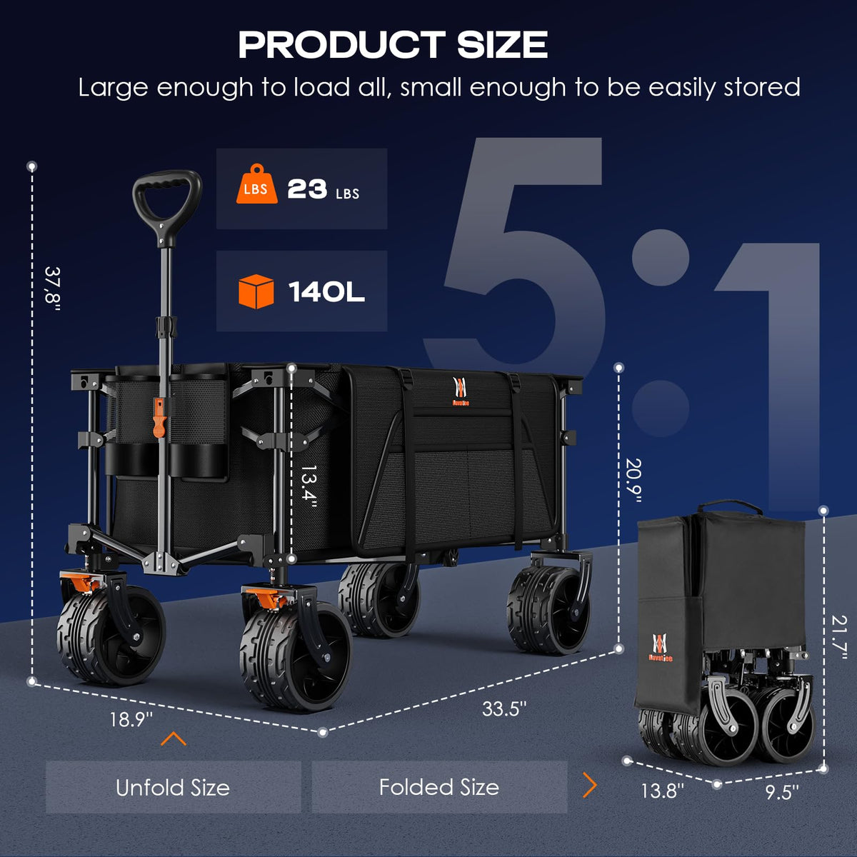 Navatiee Big Wheels Collapsible Wagon Cart Foldable, Heavy Duty Beach Wagon with Silent All-Terrain Wheels, Folding Utility Grocery Cart with Side Pocket and Brakes for Camping Garden Sports, Black