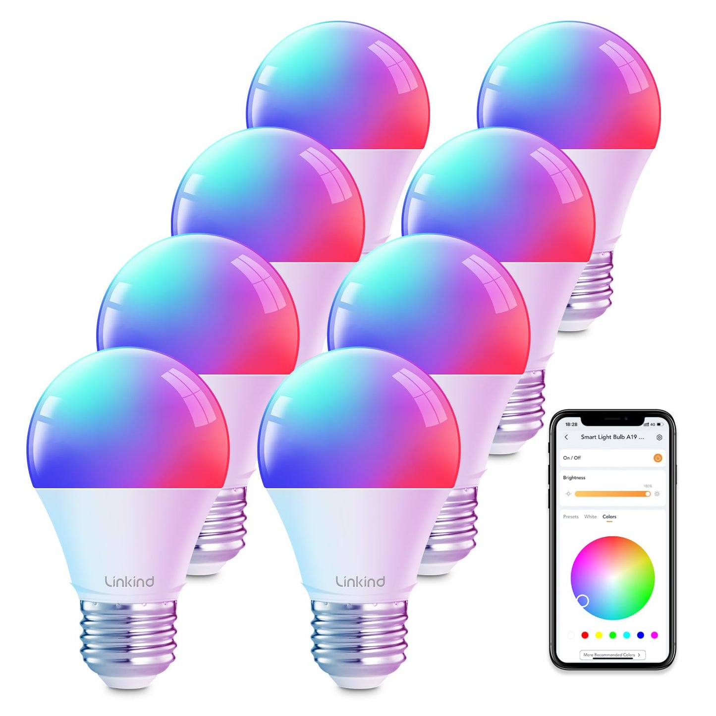 Linkind WiFi Smart Light Bulbs, Alexa Light Bulb Work with Alexa, Google Home, RGBTW 16 Million Color Changing Light Bulbs Dimmable, Mood Lighting, 2.4GHz Only, A19 E26 WiFi Bulb 60W 800LM 8 Pack