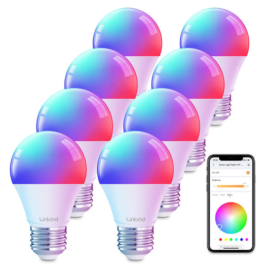 Linkind WiFi Smart Light Bulbs, Alexa Light Bulb Work with Alexa, Google Home, RGBTW 16 Million Color Changing Light Bulbs Dimmable, Mood Lighting, 2.4GHz Only, A19 E26 WiFi Bulb 60W 800LM 8 Pack