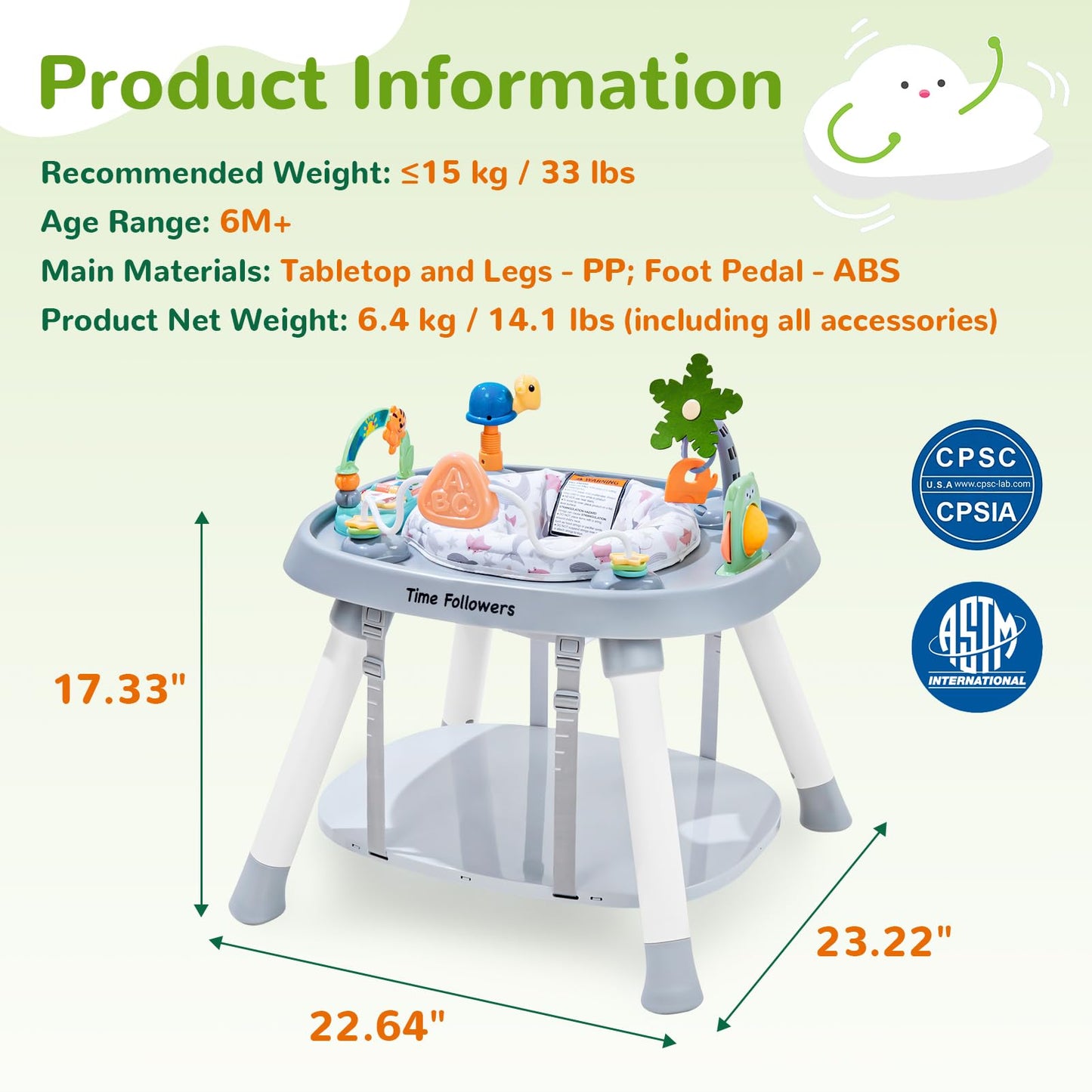 Time Followers® 6-in-1 Baby Activity Center | Jumpers and Bouncers | 4 Stage Grow Stationary Standing Toddler Play Table | Shower Gift | Infant Essential for Baby Ages 6-36Month (Beige)
