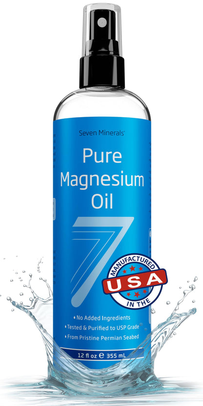 Seven Minerals Pure Magnesium Oil Spray, Big 12oz, USP Grade, Extra Strength, for Feet, Sleep, Muscle Pain & Cramps - Mined in The USA