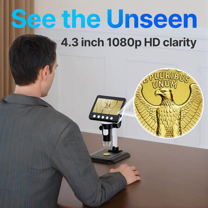 WKR Coin Microscope, 4.3" LCD USB Digital 1000X Coin Magnifier with 8 Adjustable LED Lights, 1080P PC View Compatible with Windows/MacBook for Adults Kids