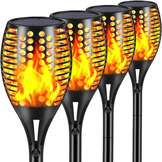 Solar Flame Light, 43’ Flashing Flame Flashlight Outdoor Waterproof Landscape Decorative Lighting Dusk to Dawn Auto On/Off Safety Flame Lights for Patio Garden Path Driveway 4 packs (Round hole flame)