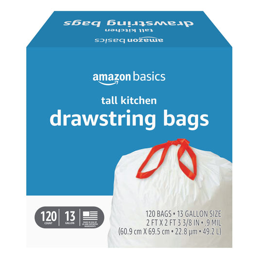 Amazon Basics Trash Bags, Tall Kitchen Drawstring, Unscented, 13 Gallon, 120 Count, Pack of 1