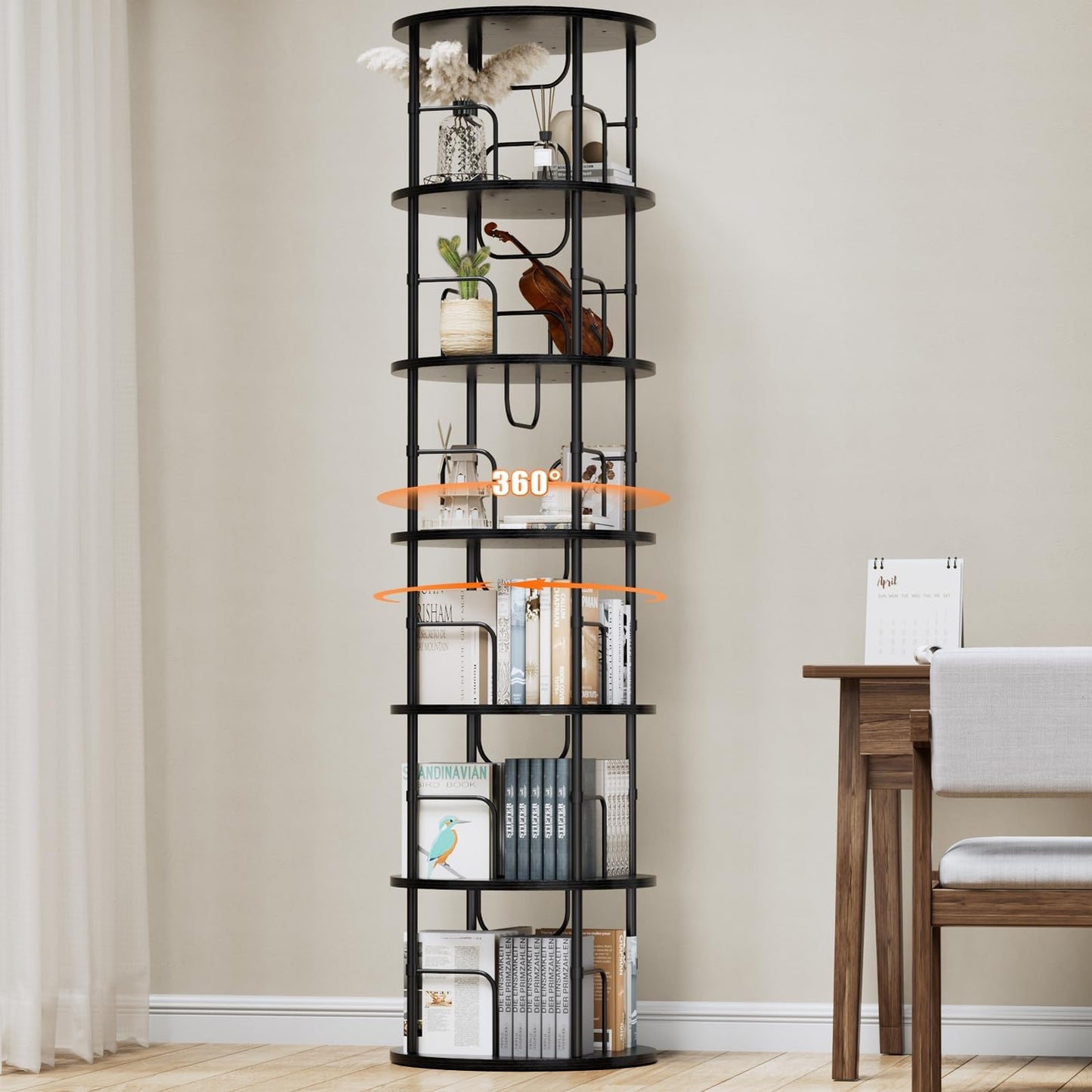 ALLSTAND 6 Tier Rotating Bookshelf, 360 ° Display Stackable Spinning Bookshelf Tower, Corner Bookshelf Tall Floor Standing Swivel Bookcase Narrow Storage Organizer for Bedroom, Living Room, Black