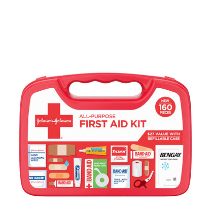 Johnson & Johnson All-Purpose Portable Compact First Aid Kit for Minor Cuts, Scrapes, Sprains & Burns, Ideal for Home, Car, Travel, Camping and Outdoor Emergencies, 160 Pieces