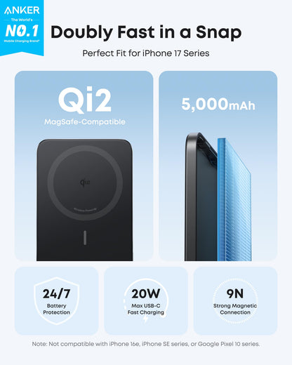 Anker Nano Power Bank, Ultra-Slim 5,000mAh Magnetic Wireless Charging Battery, Qi2 Certified 15W Max MagSafe-Compatible Portable Charger, Ergonomic Design, for iPhone Air/17/16 Series