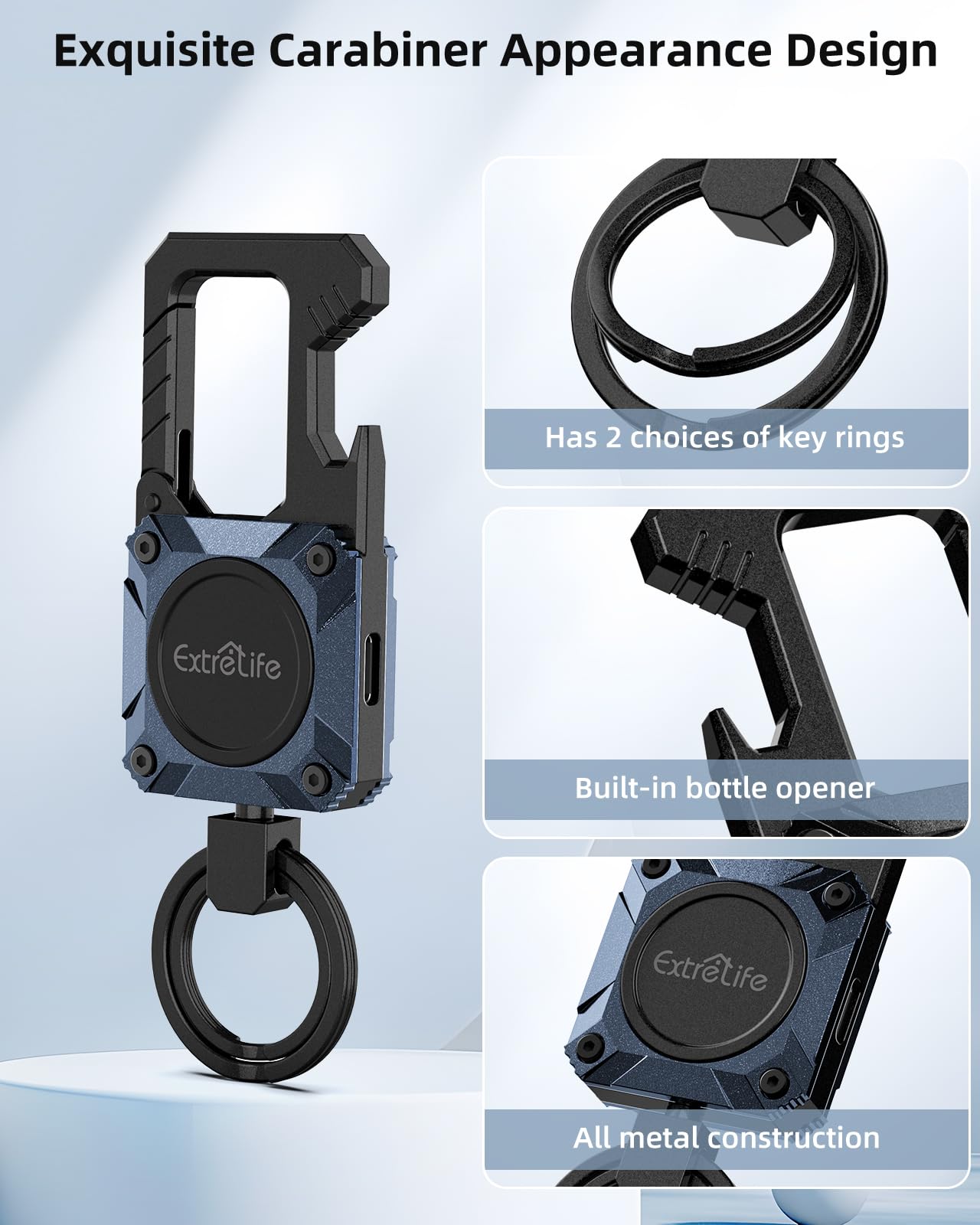 Keychain, Works with Apple Find My, Heavy Duty Keychain Bottle Opener, Carabiner Car Key Chains with GPS Tracker, Key Finder, Bluetooth Tracker for Luggage, Kids, Bags and More, Rechargeable, Blue