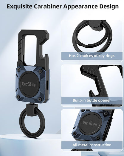 Keychain, Works with Apple Find My, Heavy Duty Keychain Bottle Opener, Carabiner Car Key Chains with GPS Tracker, Key Finder, Bluetooth Tracker for Luggage, Kids, Bags and More, Rechargeable, Blue