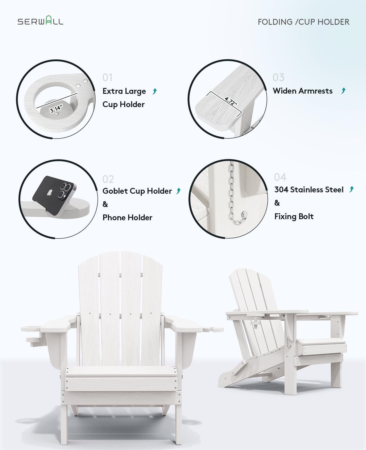 SERWALL Adirondack Chair with Cup Holders - Composite Adirondack Chairs HDPE Outdoor Chairs All Weather Use- White
