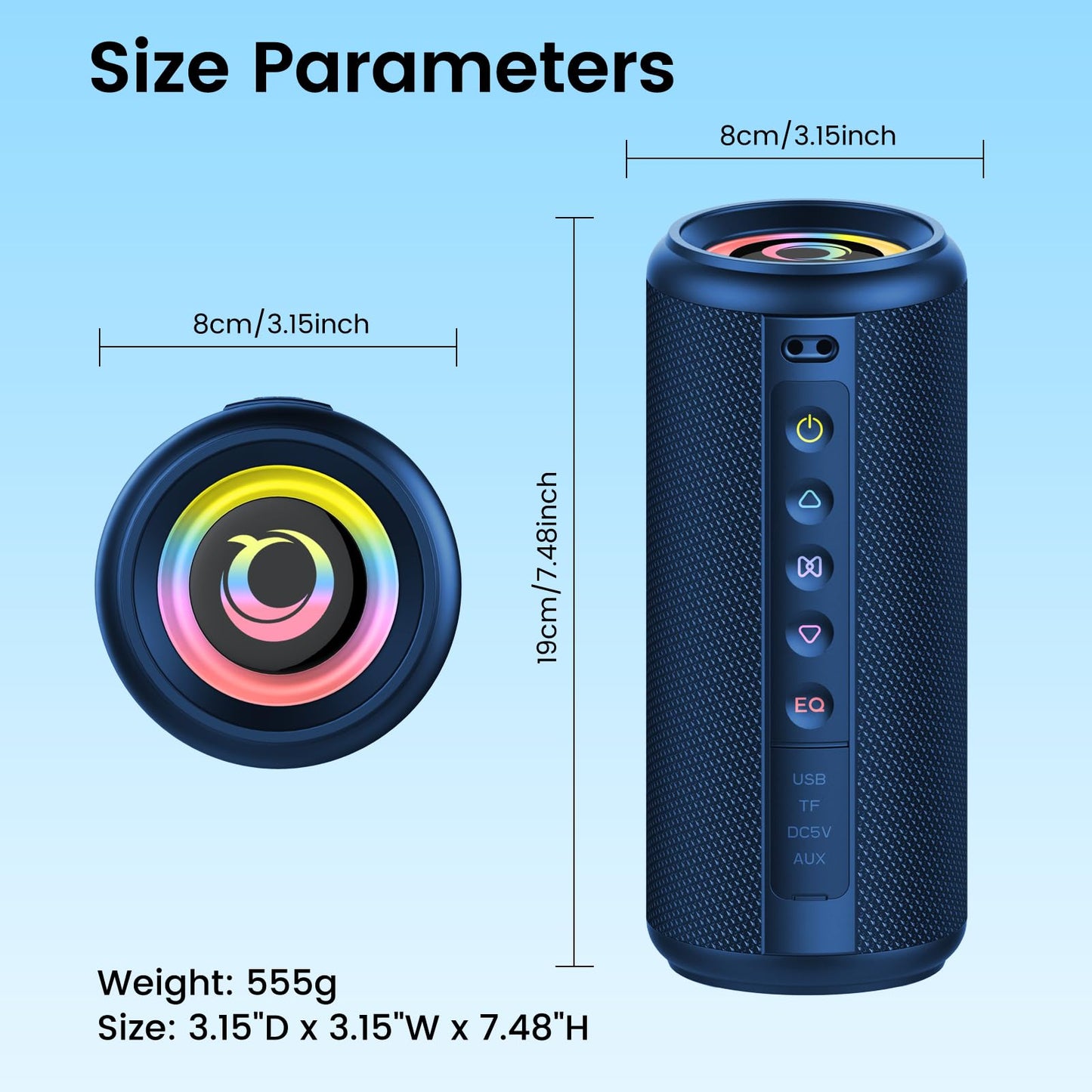Portable Bluetooth Speaker, 2026 Bluetooth 5.4 Wireless Speaker with 20W HD Loud Stereo Sound, 20H Playtime, LED Lights, IP7, TWS Pairing, Built-in Mic, for Outdoor, Home, Beach, Party, Gift, Blue