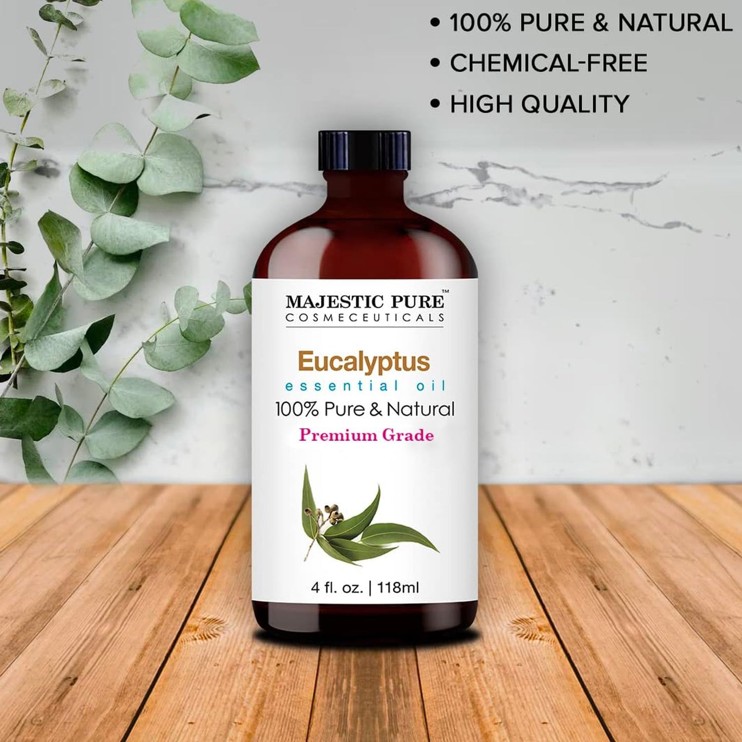 MAJESTIC PURE Eucalyptus Essential Oil | 100% Pure and Natural Eucalyptus Oil | Premium Grade Essential Oils for Hair Care, Home Diffusers, Skin, Aromatherapy, Massage and Humidifiers | 4 Fl Oz