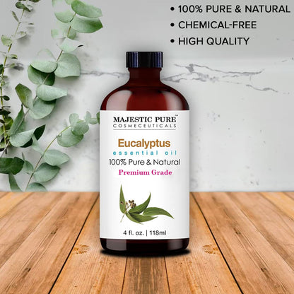 MAJESTIC PURE Eucalyptus Essential Oil | 100% Pure and Natural Eucalyptus Oil | Premium Grade Essential Oils for Hair Care, Home Diffusers, Skin, Aromatherapy, Massage and Humidifiers | 4 Fl Oz