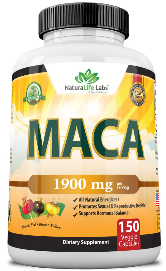 Organic Maca Root Black, Red, Yellow 1900 MG per Serving - 150 Vegan Capsules Peruvian Maca Root Gelatinized 100% Pure Non-GMO Supports Reproductive Health Natural Energizer