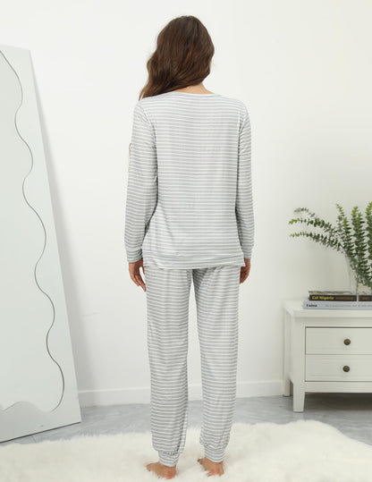 Ekouaer 2 Pack Women's Pajama Set Long Sleeve Top with Jogger Pants Lounge Sets Sleepwear Loungewear with Pockets Army Green&Grey Stripes X-Large