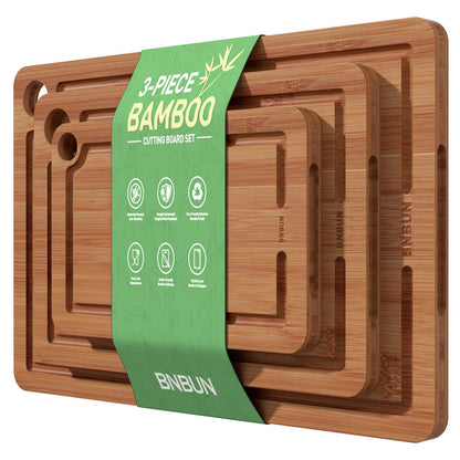 BNBUN Bamboo Cutting Board for Kitchen, Wooden Cutting Board 3-Piece Set with Non-Slip Mat Deep Juice Groove and Built-In Handles, Wood Cutting Board for Meat Vegetables Fruit Ideal Gift for the Home