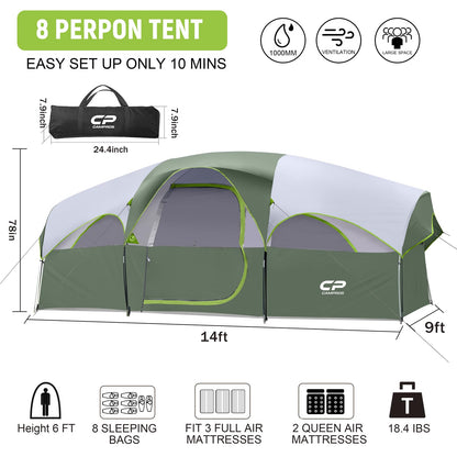 CAMPROS CP Tent 8 Person Camping Tents, Weather Resistant Family Tent, 5 Large Mesh Windows, Double Layer, Divided Curtain for Separated Room, Portable with Carry Bag
