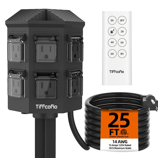 TiFFCOFiO Outdoor Power Strip with 25FT Extension Cord, 100FT Remote Control, Dusk to Dawn Light Timer Waterproof, 6 Grounded Outlets for Yard, Pool and Garden, ETL Listed