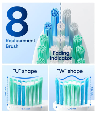 Bymore Electric Toothbrush for Adults,Travel Sonic Toothbrush with 8 Replacement Heads, Ultra Clean RechargeableToothbrush Portable One Charge for 330days 5 Modes 2mins Timer-White