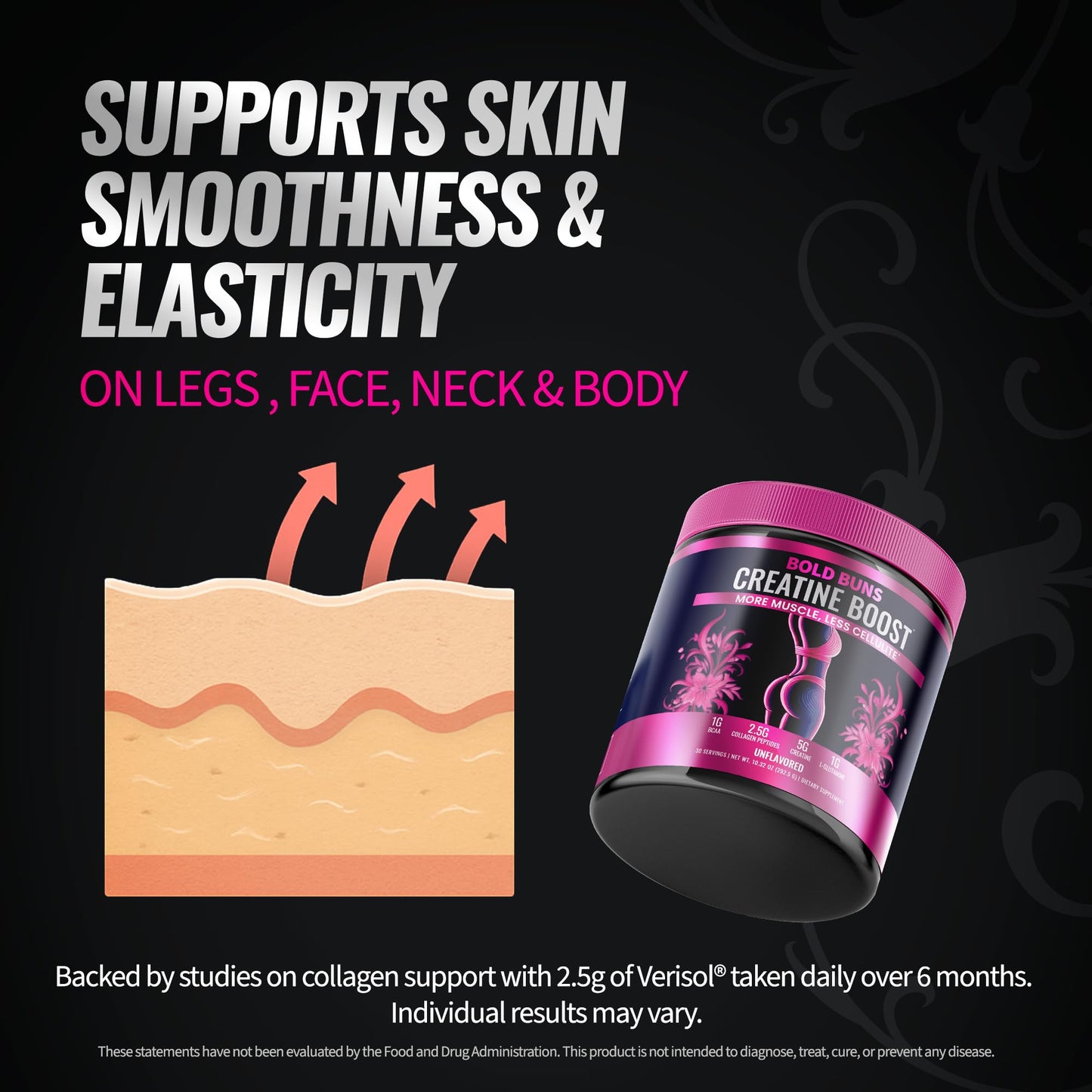 Bold Buns Creatine for Women – Booty Builder Supplement with Collagen & BCAA – Supports Muscle Development, Post-Workout Recovery, Skin Elasticity, Healthy Hair & Nail | Unflavored – 30 Servings