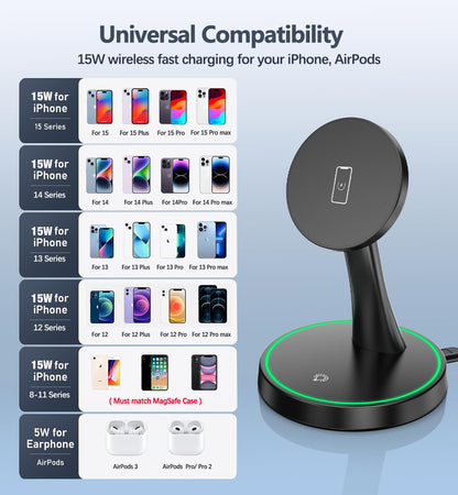 Magnetic Wireless Charger Stand 15W Fast Mag-Safe Charger for iPhone 17/17 pro/ 17 Air/ 17 pro max 16/15/14/13/12 Series Magnet Wireless Charging Station/Pad with Sleep-Friendly Light for AirPods