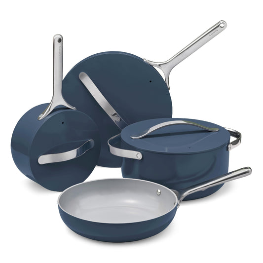 Caraway Non-stick Ceramic Cookware Set (12 Piece) Pots, Pans, Lids and Kitchen Storage - PFAS & PFOA Free - Oven Safe Pan Set & Compatible with All Stovetops - Navy