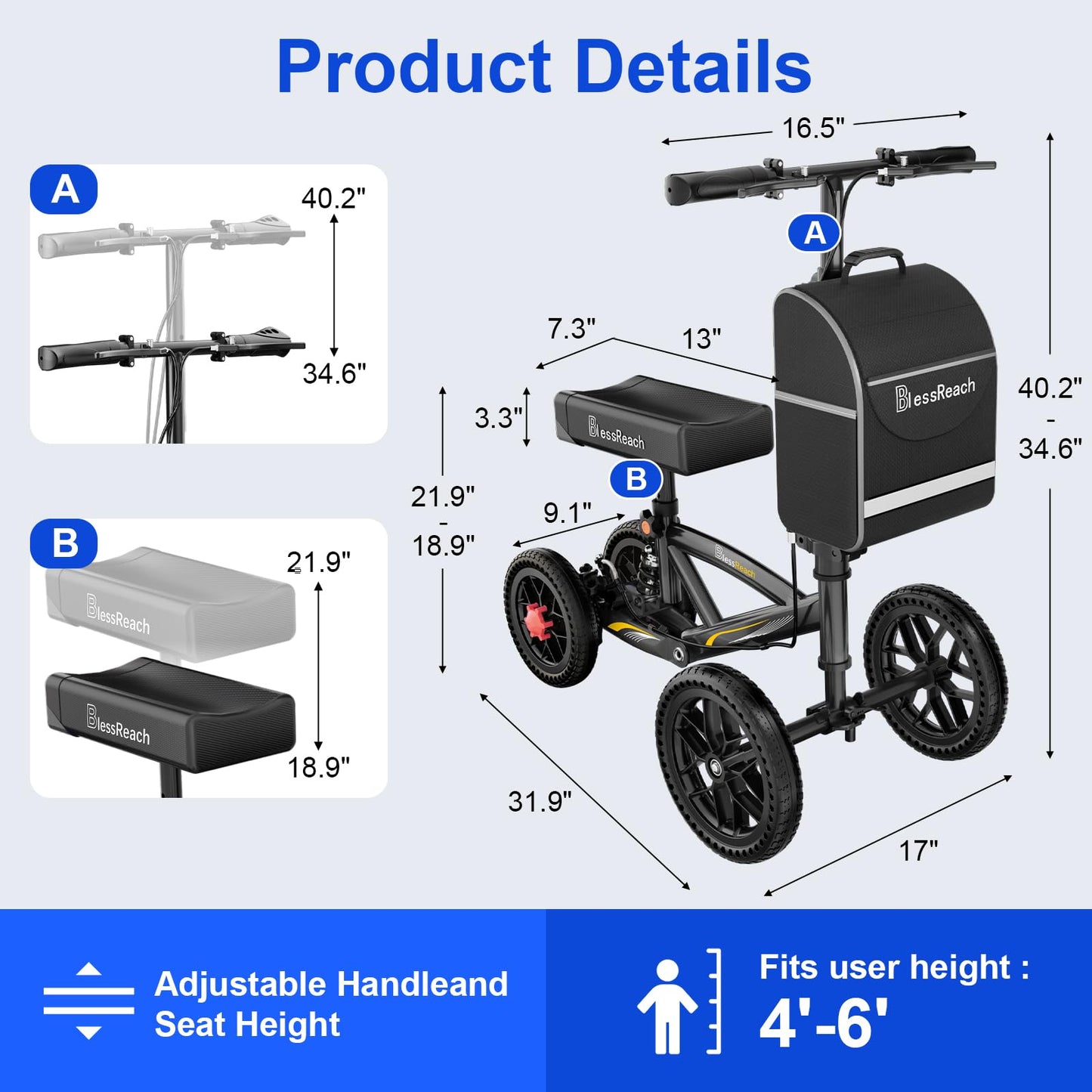 BlessReach 350 Lbs Capacity Foldable All Terrain Knee Scooter Walker - Economical Foot Injury Crutch Alternative - Black