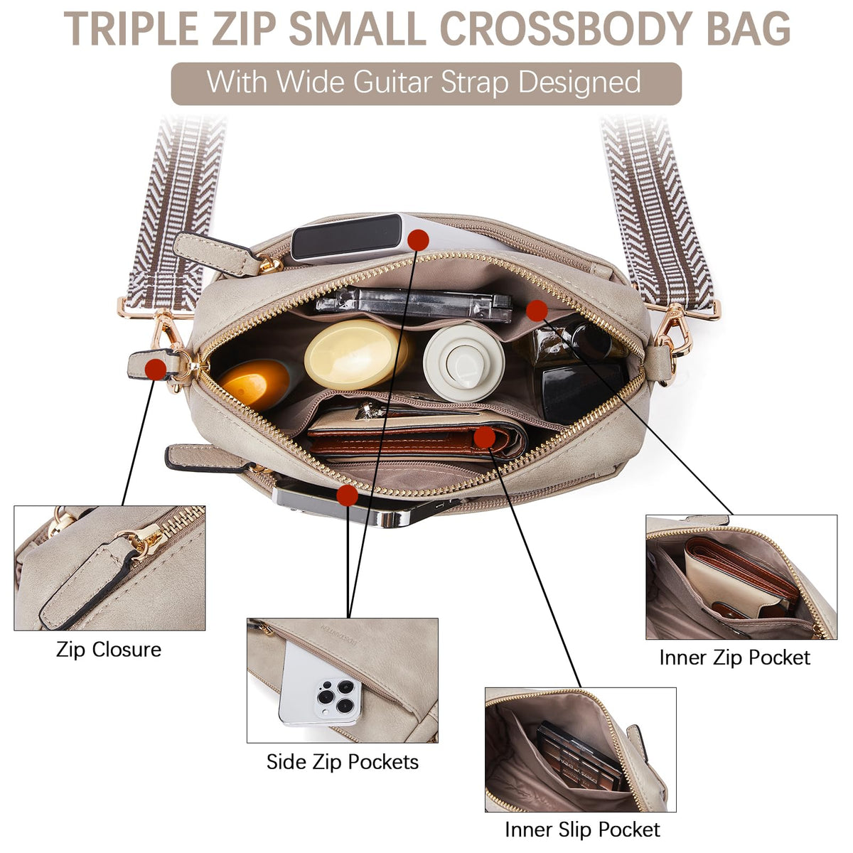 BOSTANTEN Small Crossbody Purse for Women Triple Zip Cell Phone Leather Shoulder Handbag with Wide Guitar Strap Grey
