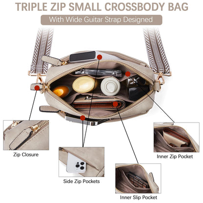 BOSTANTEN Small Crossbody Purse for Women Triple Zip Cell Phone Leather Shoulder Handbag with Wide Guitar Strap Grey