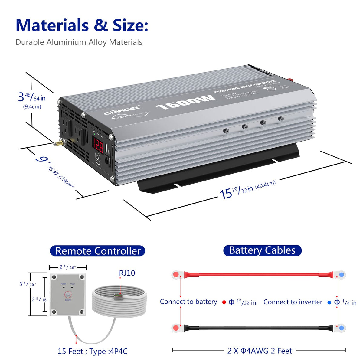 GIANDEL Power Inverter 1500W Pure Sine Wave DC 12V to AC 110V 120V with Dual AC Outlets & LED Dsiplay Remote Controller 2.4A USB Port for RVs Trucks Boats