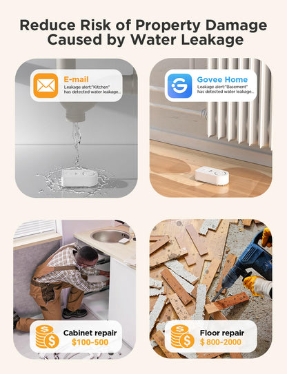 Govee WiFi Water Sensor 2 Pack, Smart Water Leak Detector, 100dB Adjustable Alarm Suit for Home and Basement, Water Leak Alert with Email & APP Push (Only Support 2.4G Wi-Fi)