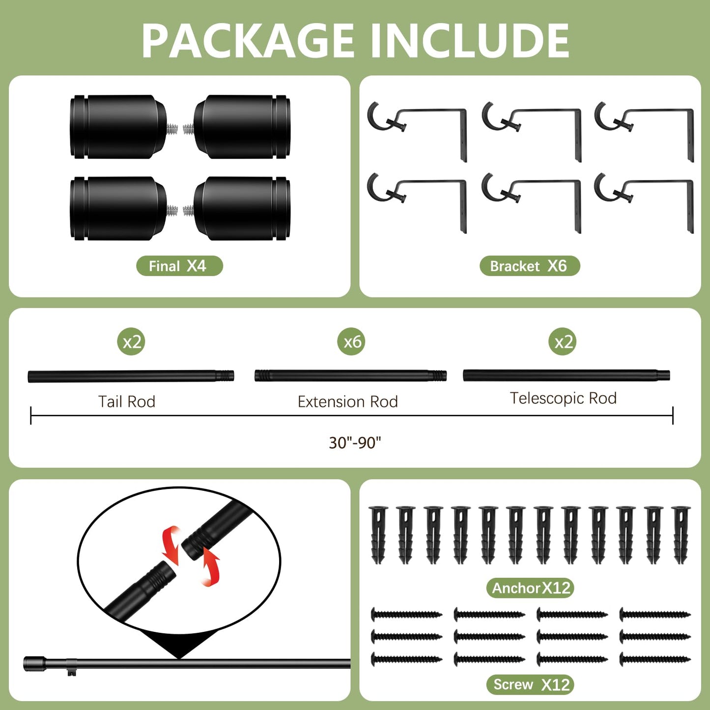 5/8” Diameter Curtain Rods 30-90 Inch, for 30-84 Inch Windows, Adjustable Splicing Black Curtain Rods for Windows with Brackets, Window Rod Long Small Curtains Rod, 2 Pack