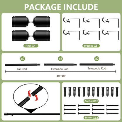 5/8” Diameter Curtain Rods 30-90 Inch, for 30-84 Inch Windows, Adjustable Splicing Black Curtain Rods for Windows with Brackets, Window Rod Long Small Curtains Rod, 2 Pack